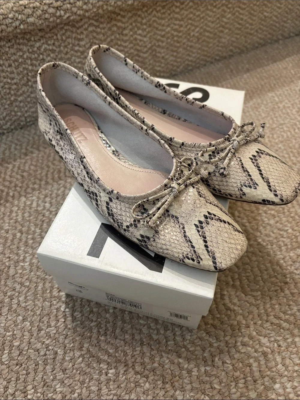 SCHUTZ Snake-Print Cream and Black Bow Ballet Flats Arissa